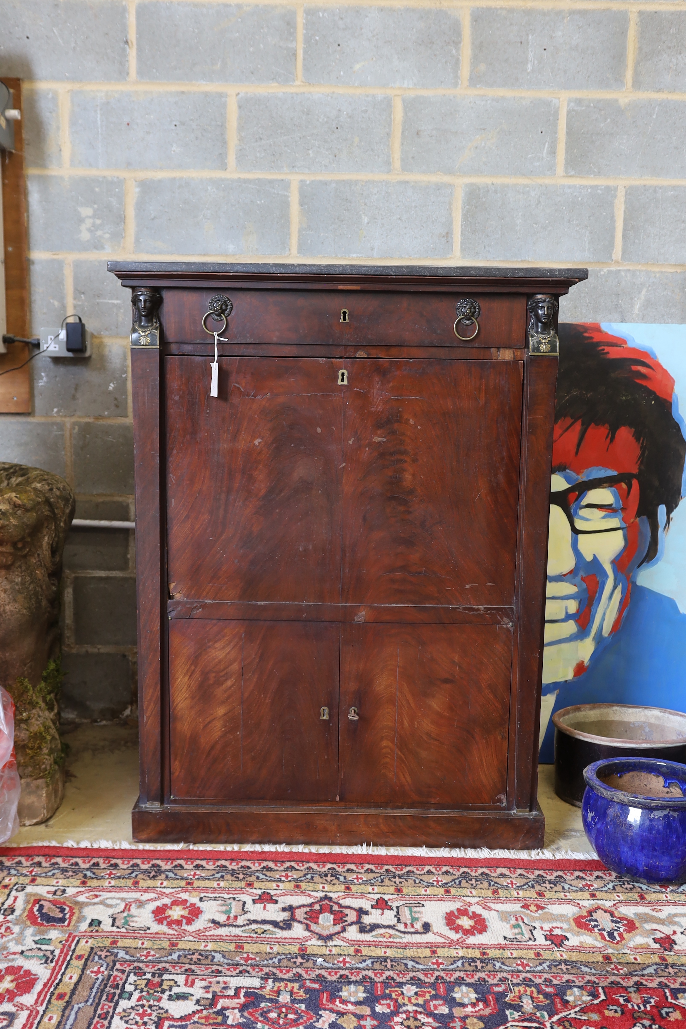 A 19th century French Empire marbled top secretaire à abbatant, width 96cm, depth 45cm, height 142cm